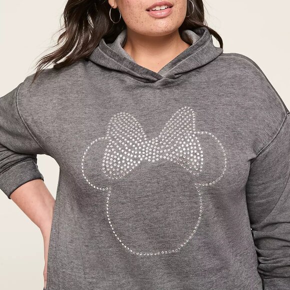 Hoodie 18/20 Disney Minnie Mouse Rhinestones Pullover Top Gray Relaxed Fit Plus - Picture 1 of 3